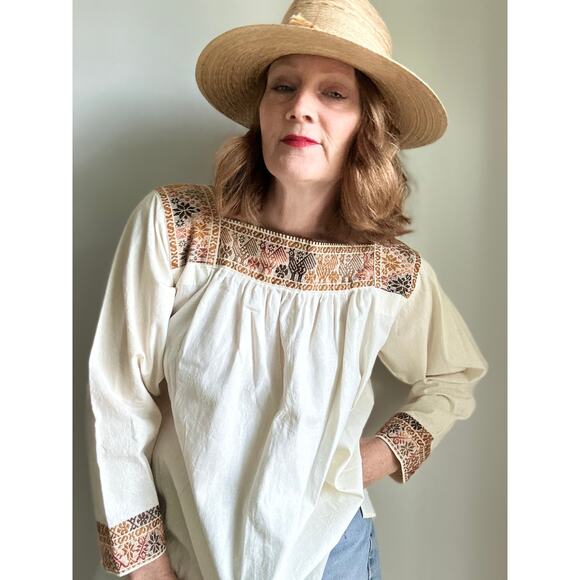 Vintage 70s Peasant Blouse Boho Hand Embroidered Cotton Folk Festival Shirt SZ M - Picture 13 of 13
